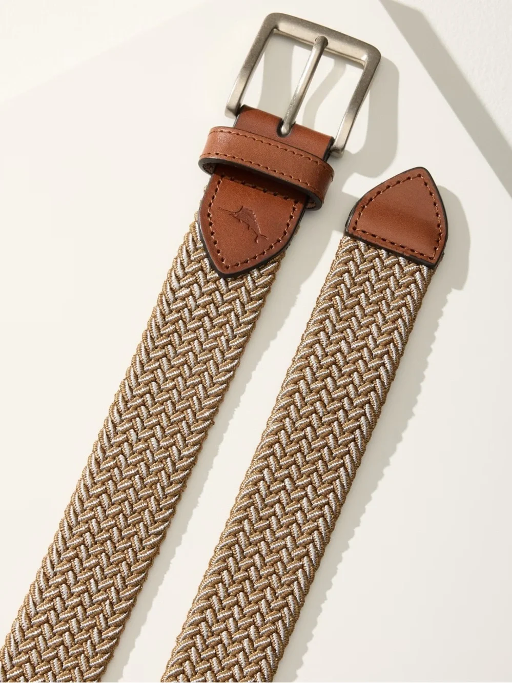 Tommy Bahama Mens Stretch 2-Tone Web Braid Belt Khaki Leather Trim Sz L 38-40  A